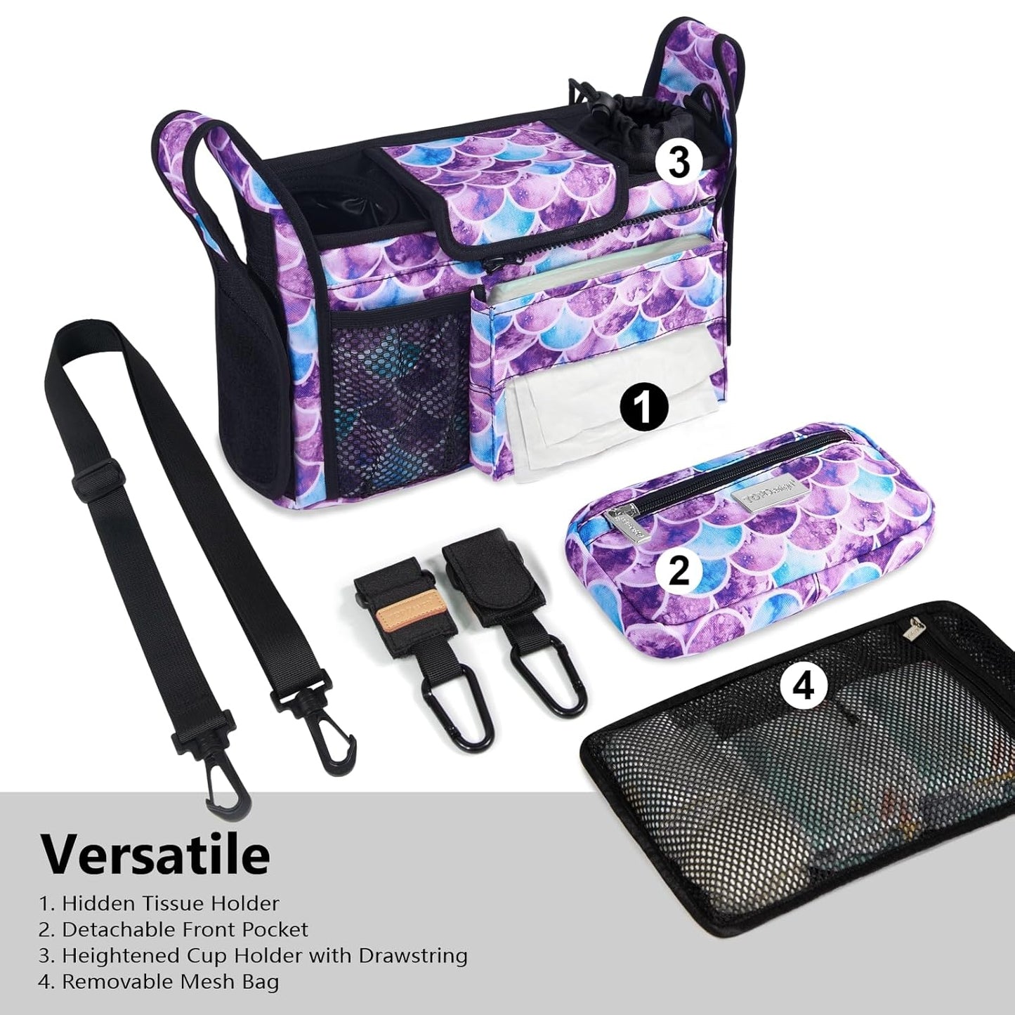 TOPDesign Universal Baby Stroller Organizer, Stroller Caddy with Detachable Mesh Bag & Heightened Insulated Cup Holders & Non-Slip Secure Hooks Accessories, Fits Most Strollers (Checkerboard) - Colors B