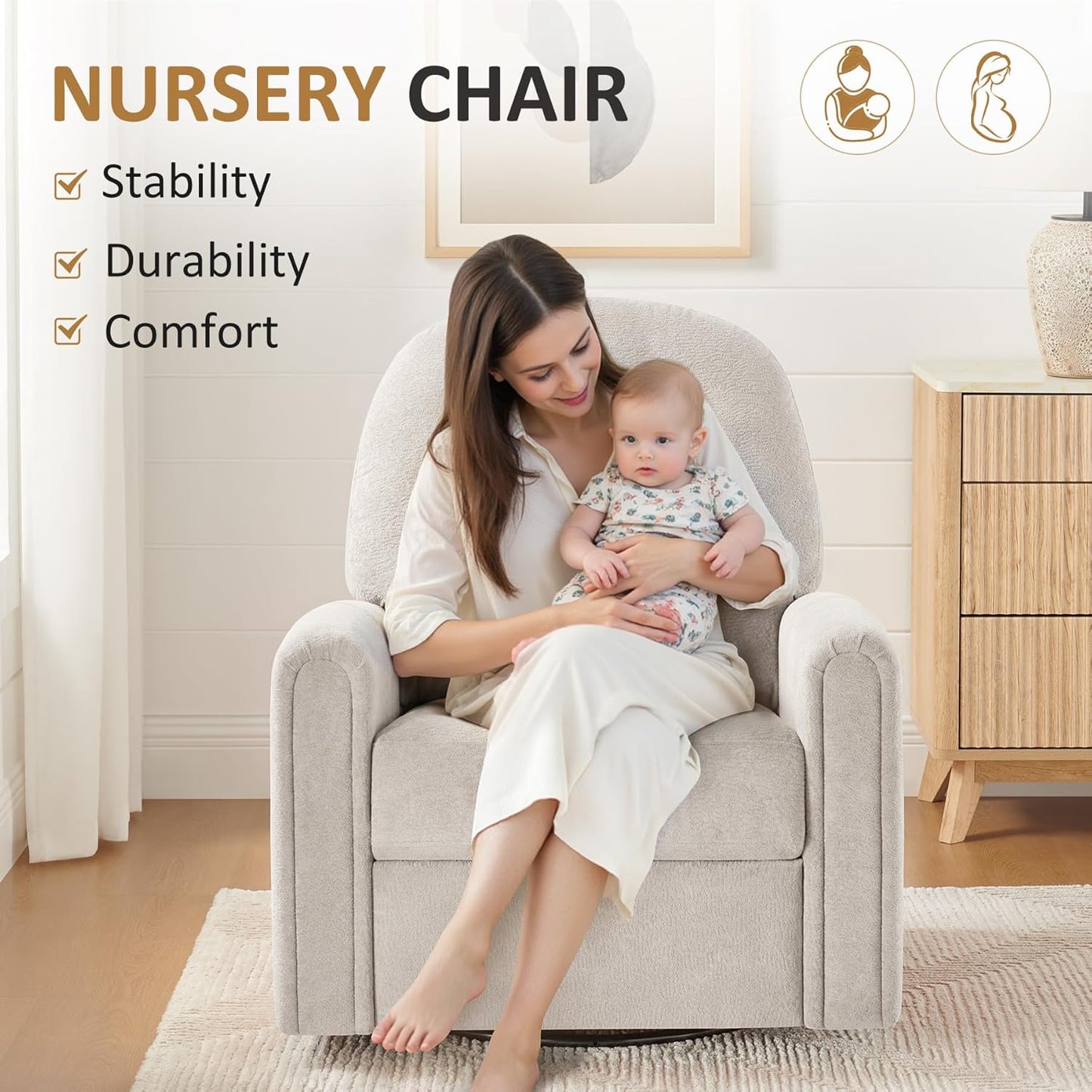 VANOMi 360 Swivel Rocker Recliner Chair, Nursery Rocking Chair with Tufted Backrest, Manual Recliner Chairs for Small Spaces, Upholstered Glider Nursing Chair for Living Room, Bedroom (White)