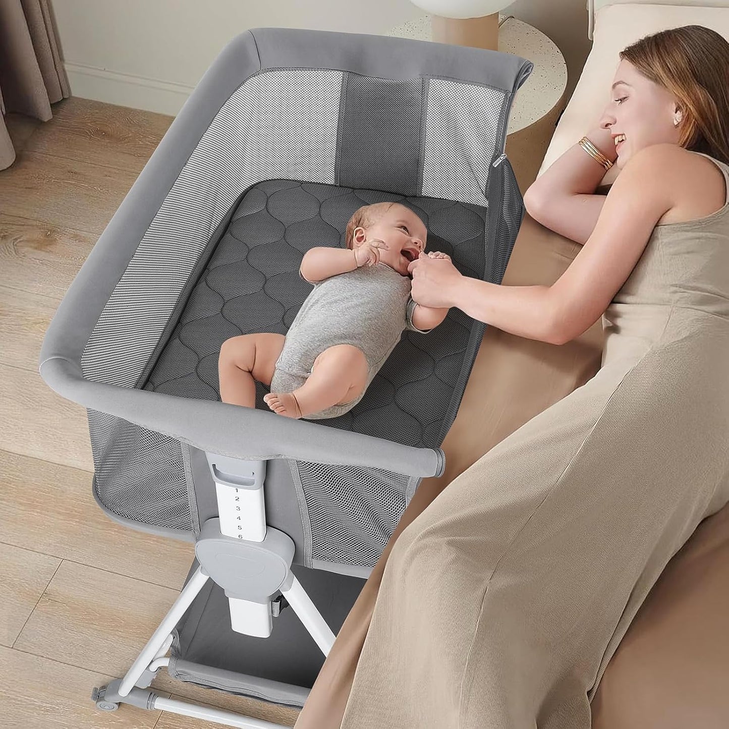 Cowiewie Bassinet Bedside Sleeper, Baby Bassinet with 7 Adjustable Height, Bedside Bassinet for Baby with Storage, Breathable Mesh & Mattress, Portable Bassinet Easy Folding (Pyramid Light Gray)
