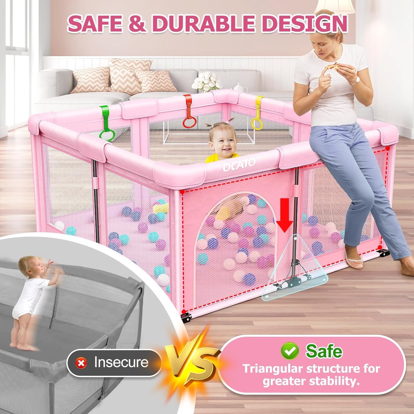 OCATO Baby Playpen Play Pen: Foldable Playpen for Babies and Toddlers Playard for Indoor Outdoor Activity Center Game Fence Safety Area Toddler Play Pen for Babies 6-12 Months Baby Gifts (50" × 50")
