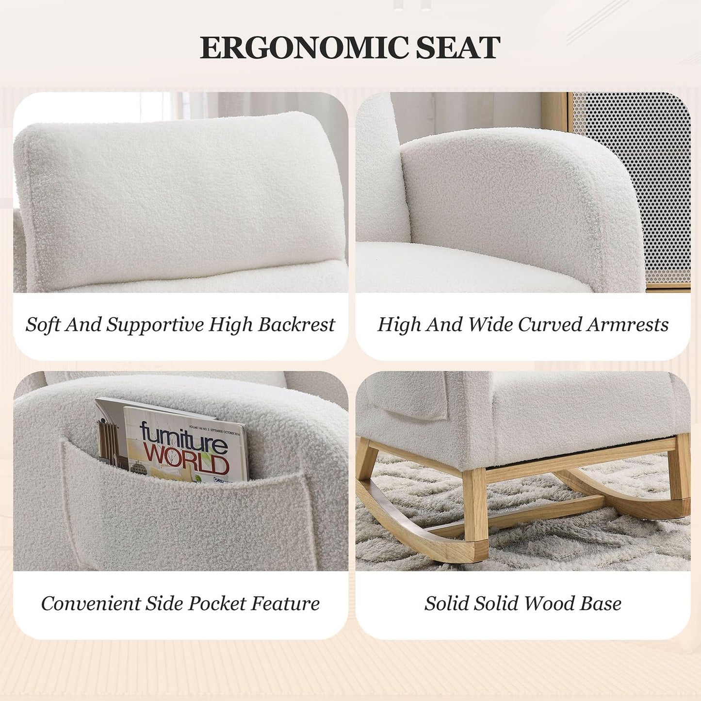 Rocking Chair Nursery, Glider Chair with High Back and Side Pocket, Solid Wood Frame Armchair with Non-Slip Padding for Nursery, Living Room, Bedroom (Ivory)