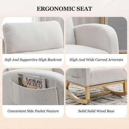 Rocking Chair Nursery, Glider Chair with High Back and Side Pocket, Solid Wood Frame Armchair with Non-Slip Padding for Nursery, Living Room, Bedroom (Ivory)