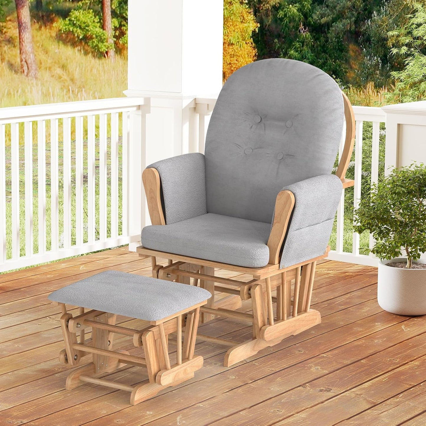 Costzon Nursery Glider with Ottoman, Upholstered Comfort Glider Rocker with Padded Cushion, Storage Pocket, Solid Wood Base, Rocking Chair Nursery for Breastfeeding, Napping (Light Gray)
