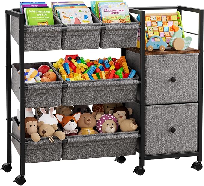 Modanais Kids Toy Organizers and Storage Bins - 7 Storage Bins + 2 Fabric Drawers + 1 Bookshelf, Playroom Storage, Mobile Cart Organizer for Toy, Clothes, Blankets and Books - Black