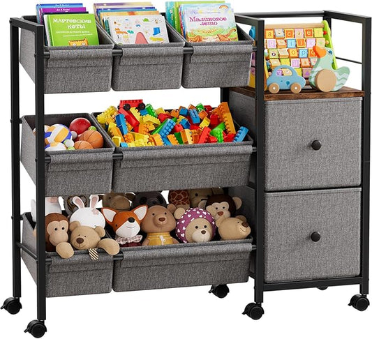 Modanais Kids Toy Organizers and Storage Bins - 7 Storage Bins + 2 Fabric Drawers + 1 Bookshelf, Playroom Storage, Mobile Cart Organizer for Toy, Clothes, Blankets and Books - Black