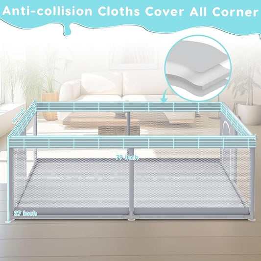 Fshibila 79" ×79" Extra Large Baby Playpen, Baby Playard for Babies and Toddlers, BabyFence Play Pens for Indoor & Outdoor, Sturdy Safety Play Yard with Soft Breathable Mesh, Anti-Fall, Grey