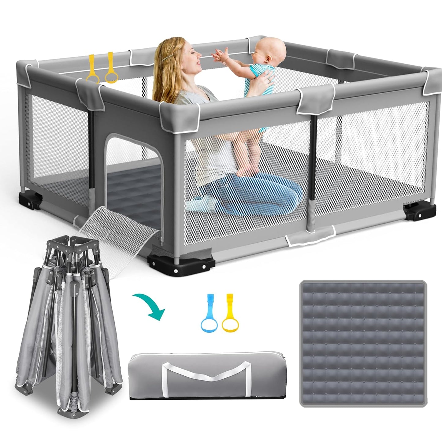 ICAREWAY Foldable Playpen for Babies and Toddlers, 50x50 Inches Portable Playpen, Kids Collapsible Play Pen with 2 Handlers, Indoor & Outdoor Baby Fence Play Area with Visible Mesh, Dark Gray