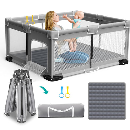 ICAREWAY Foldable Playpen for Babies and Toddlers, 50x50 Inches Portable Playpen, Kids Collapsible Play Pen with 2 Handlers, Indoor & Outdoor Baby Fence Play Area with Visible Mesh, Dark Gray