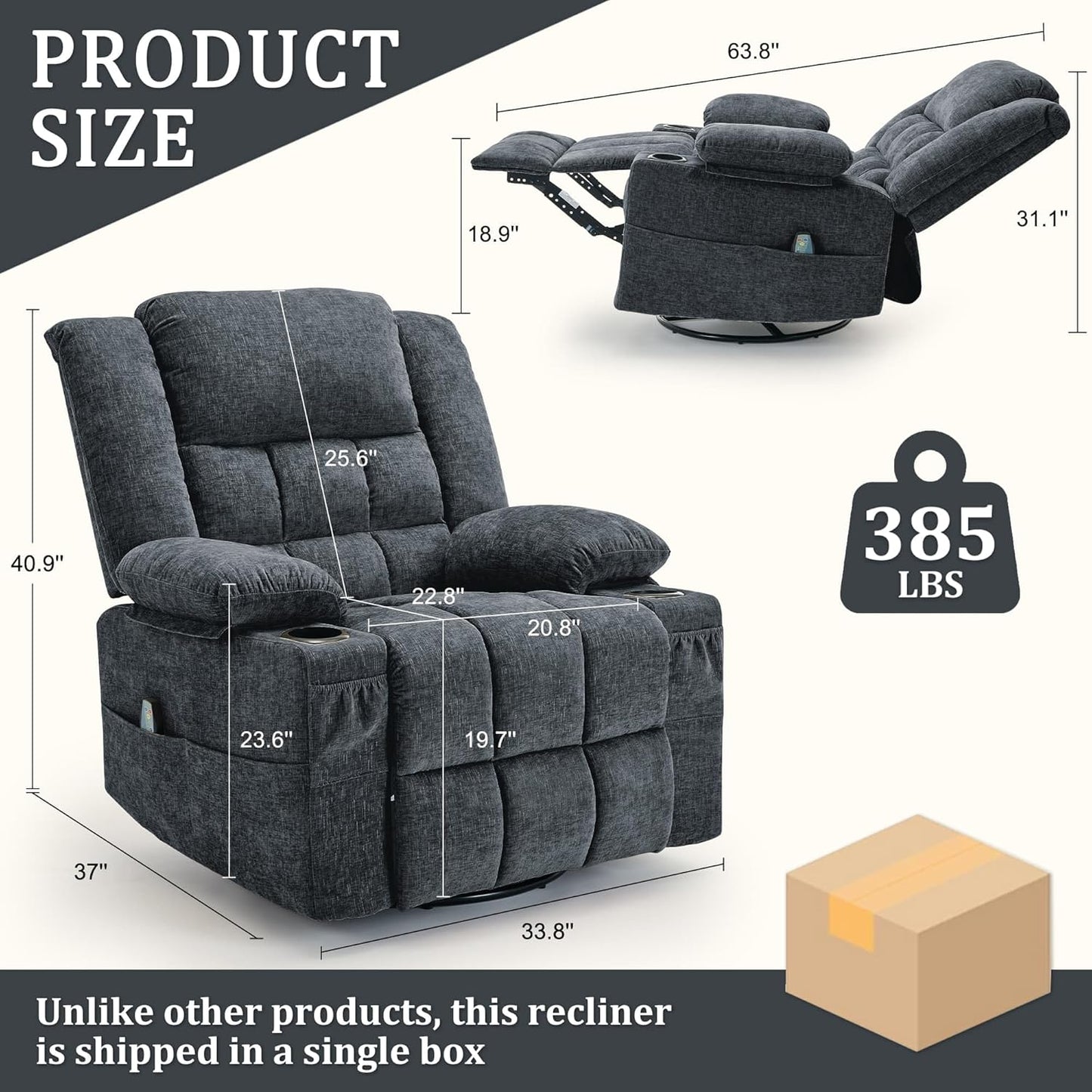 Korser 360° Swivel Rocker Recliner for Adults, Nursery Glider Recliner with Massage and Heating, Rocking Chair with Cup Holder, Manual Recliner Chair for Living Room, Bedroom (Fabric, Beige)