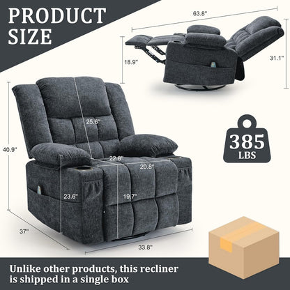 Korser 360° Swivel Rocker Recliner for Adults, Nursery Glider Recliner with Massage and Heating, Rocking Chair with Cup Holder, Manual Recliner Chair for Living Room, Bedroom (Fabric, Beige)