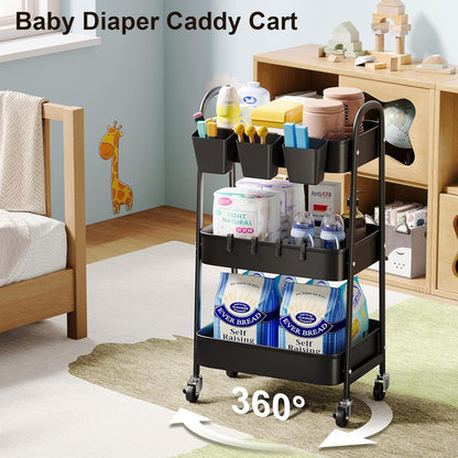 3 Tier Heavy Duty White Metal Rolling Cart with Lockable Wheels, Three Tier Roller Book Snack Cart, Utility Storage Organizer Carts for Kitchen, Bathroom, Garage, Baby Diaper, Craft, Art, Teacher
