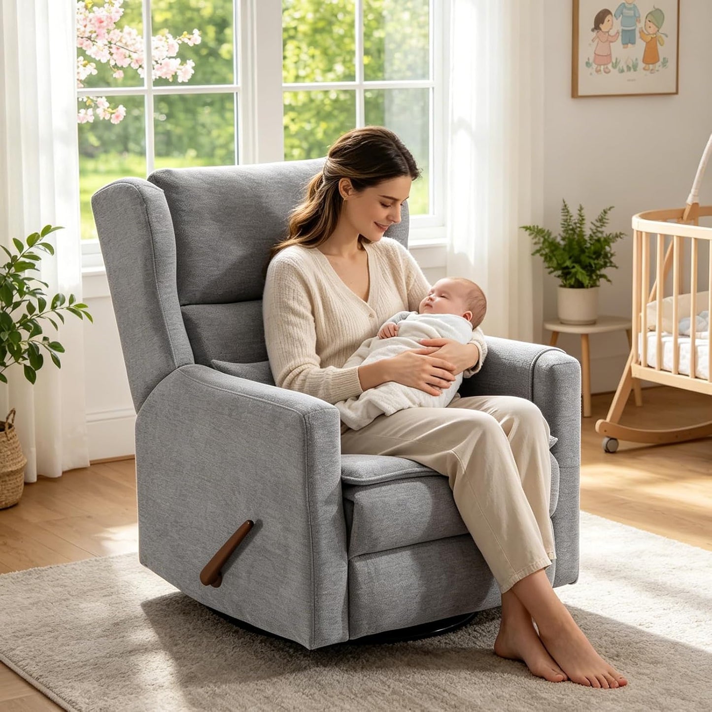 Large Glider Rocker Recliner,Rocking Chair Nursery with Adjustable Headrest,Swivel Rocker Recliner with Lumbar Support,Manual Nursery Rocker Recliner for Living Room& Bedroom,Chenille White