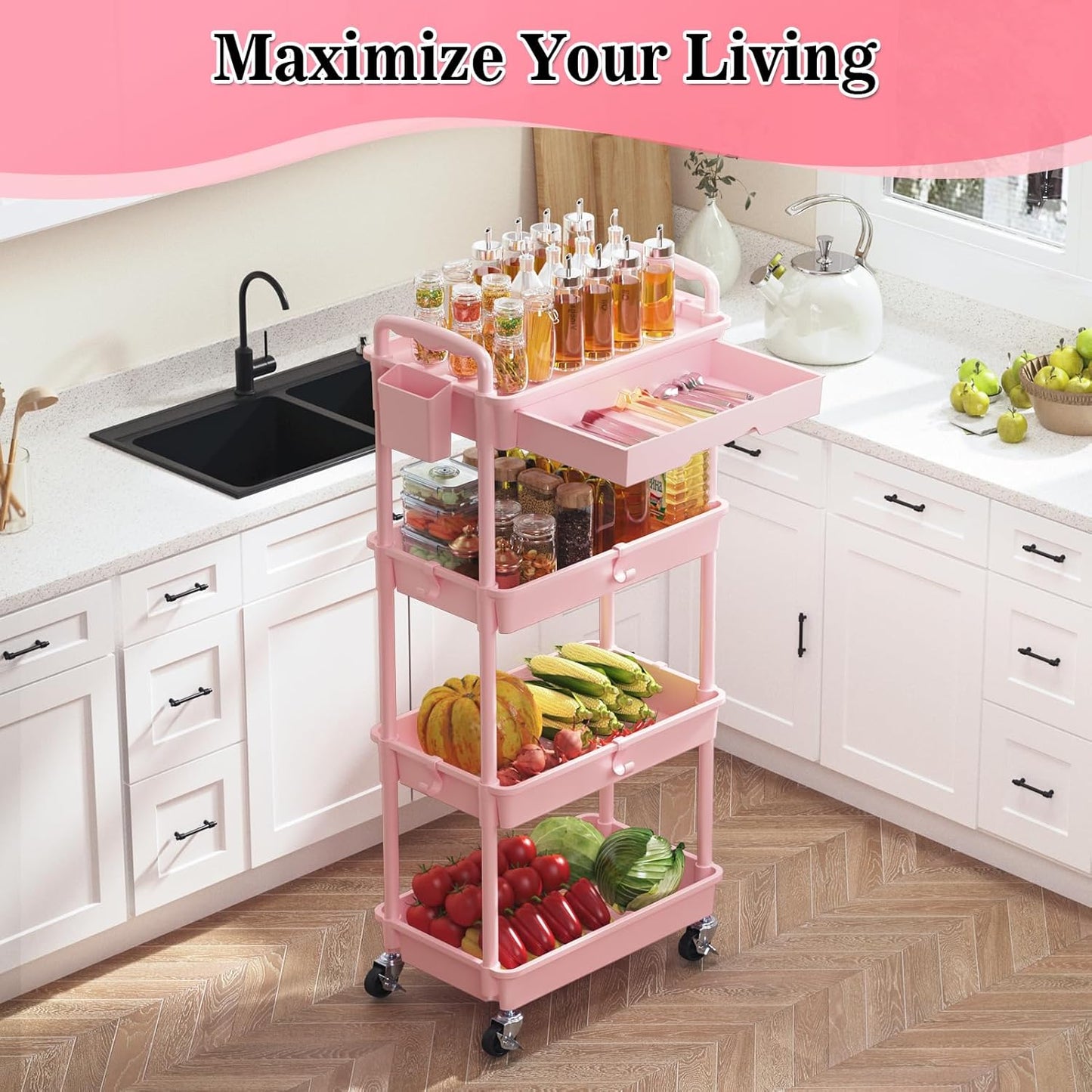 SUNALLY 3 Tier Rolling Cart with Drawer, Bathroom Storage Organizer with 2 Lockable Wheels, Multifunctional Rolling Storage Cart for Bathroom, Kitchen, Office, Craft, Makeup, Baby Essentials, White