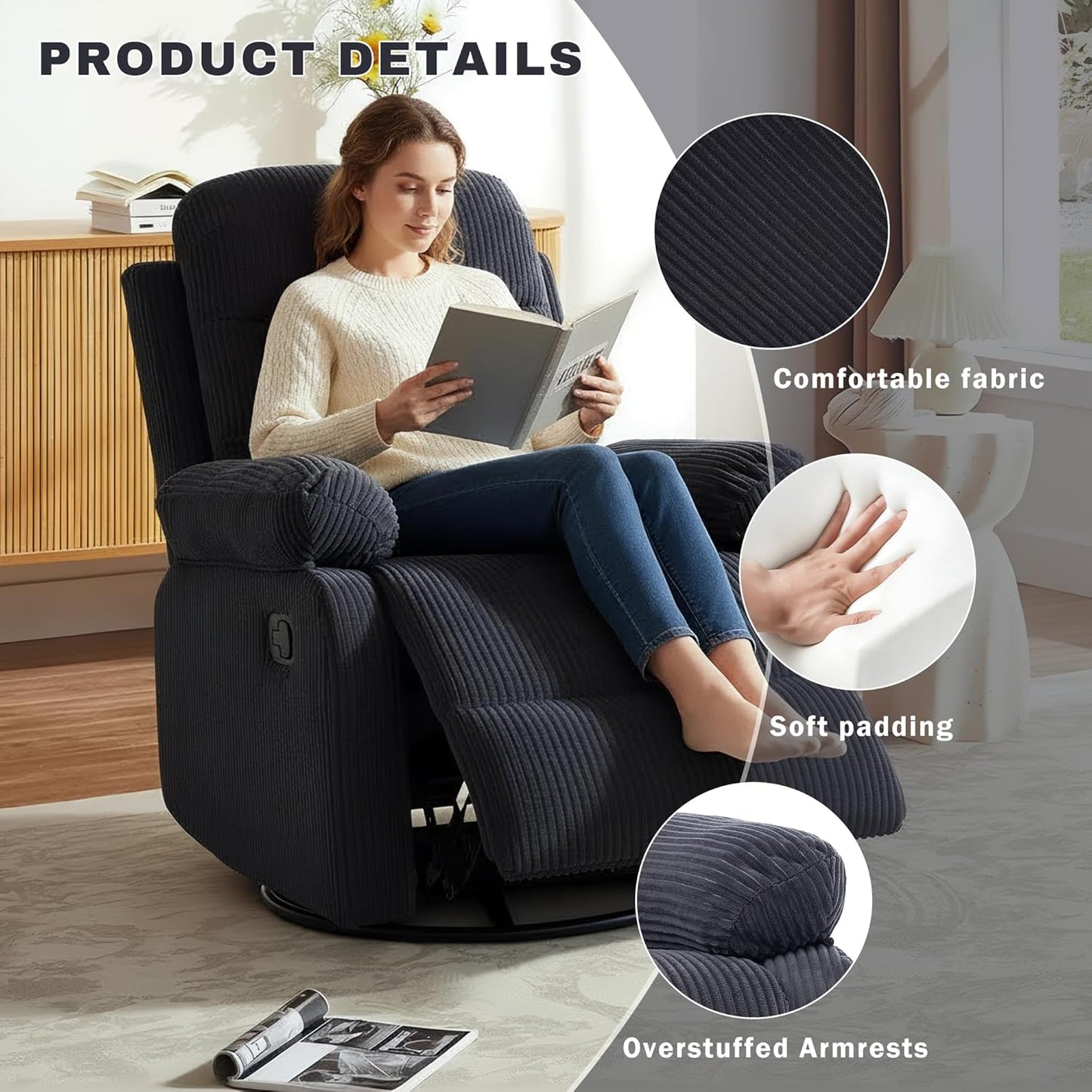 Rocking Recliner Chair,Modern Swivel Glider Recliner Chair,Corduroy Fabric Upholstery Recliner,Manual Reclining Sofa Chair for Living Room,Office,Apartment (Beige)