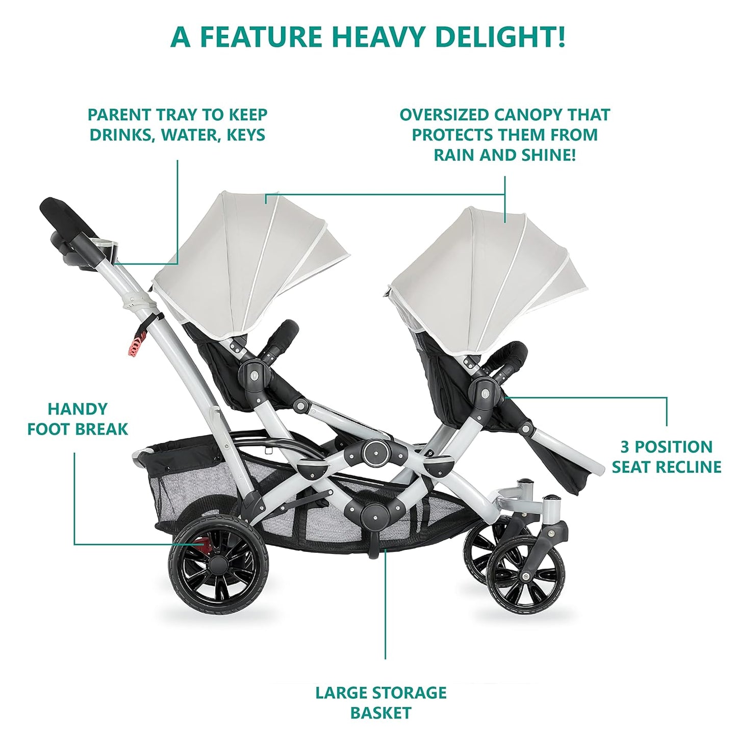 Dream On Me Track Tandem Double Umbrella Stroller in Slate, Lightweight Double Stroller for Infant and Toddler, Multi-Position Reversible & Reclining Seats, Large Storage Basket and Canopy