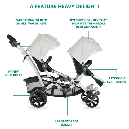 Dream On Me Track Tandem Double Umbrella Stroller in Slate, Lightweight Double Stroller for Infant and Toddler, Multi-Position Reversible & Reclining Seats, Large Storage Basket and Canopy