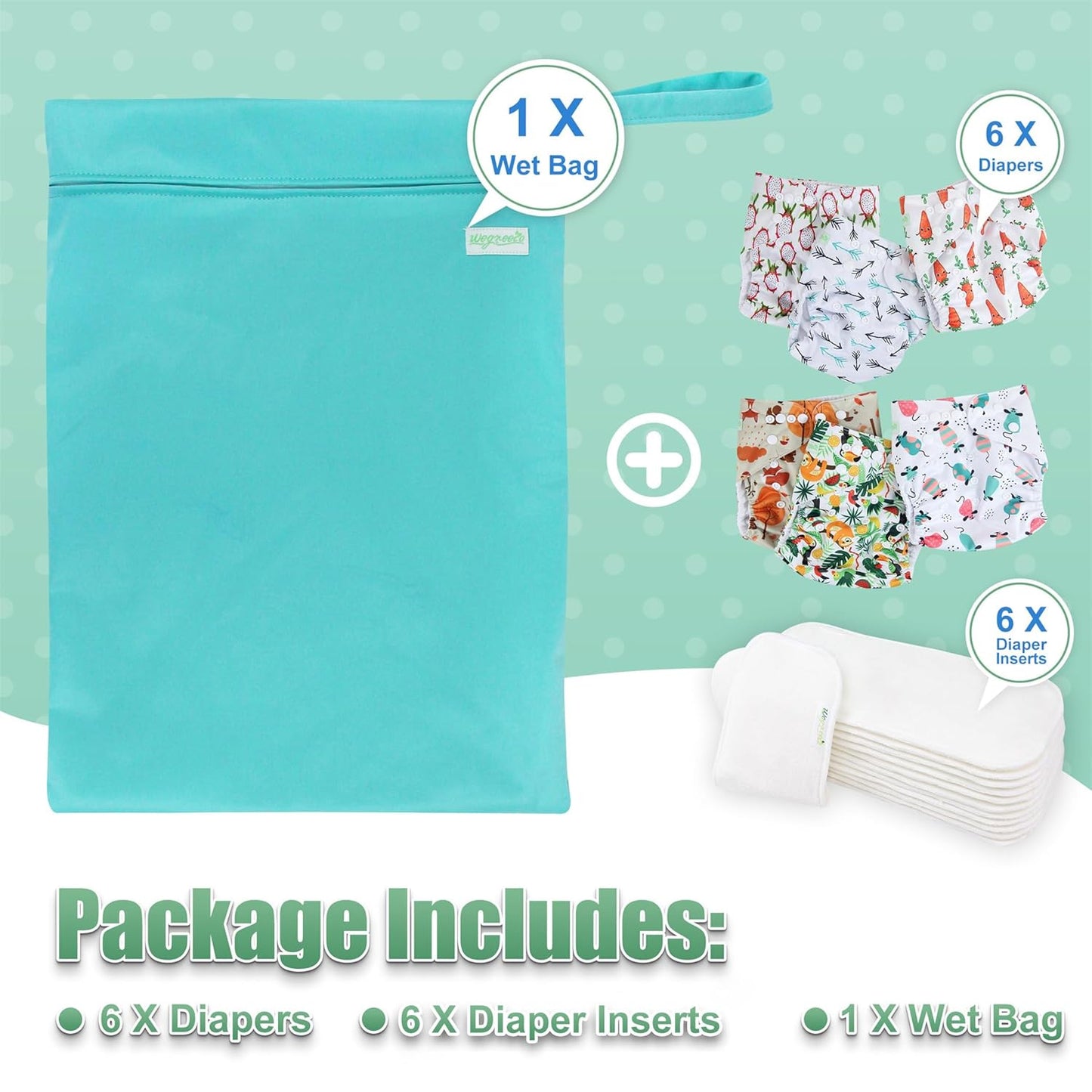 wegreeco Cloth Diapers 6 Pack with 6 Inserts & 1 Wet Bag, Washable Cloth Diapers for Babies, One Size Adjustable Reusable (Flower)