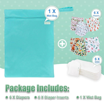 wegreeco Cloth Diapers 6 Pack with 6 Inserts & 1 Wet Bag, Washable Cloth Diapers for Babies, One Size Adjustable Reusable (Flower)