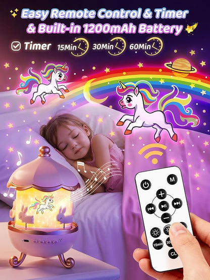 Carousel Night Light for Kids, 15 Music+15 Films+315 Colors Star Projector for Kids Night Light Projector, 360°+Remote+1200mah Unicorn Toys for Girls Room Decor, Baby Learning Toys Easter Gifts Bunny