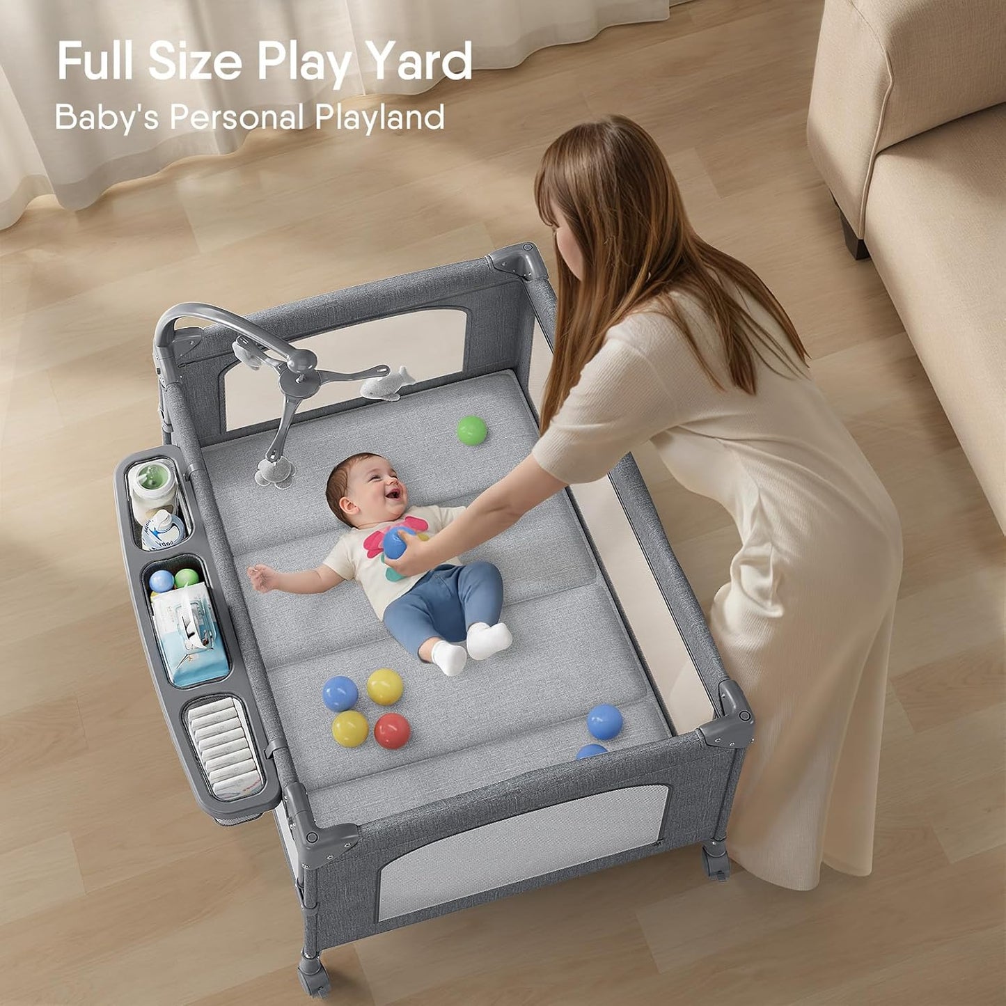 TinyGlow 4 in 1 Baby Bassinet, Pack and Play, Bedside Crib Sleeper, Diaper Changer, Quickly Assembled and Folded Portable Crib with Mattress and Mosquito Net, Easy to Carry