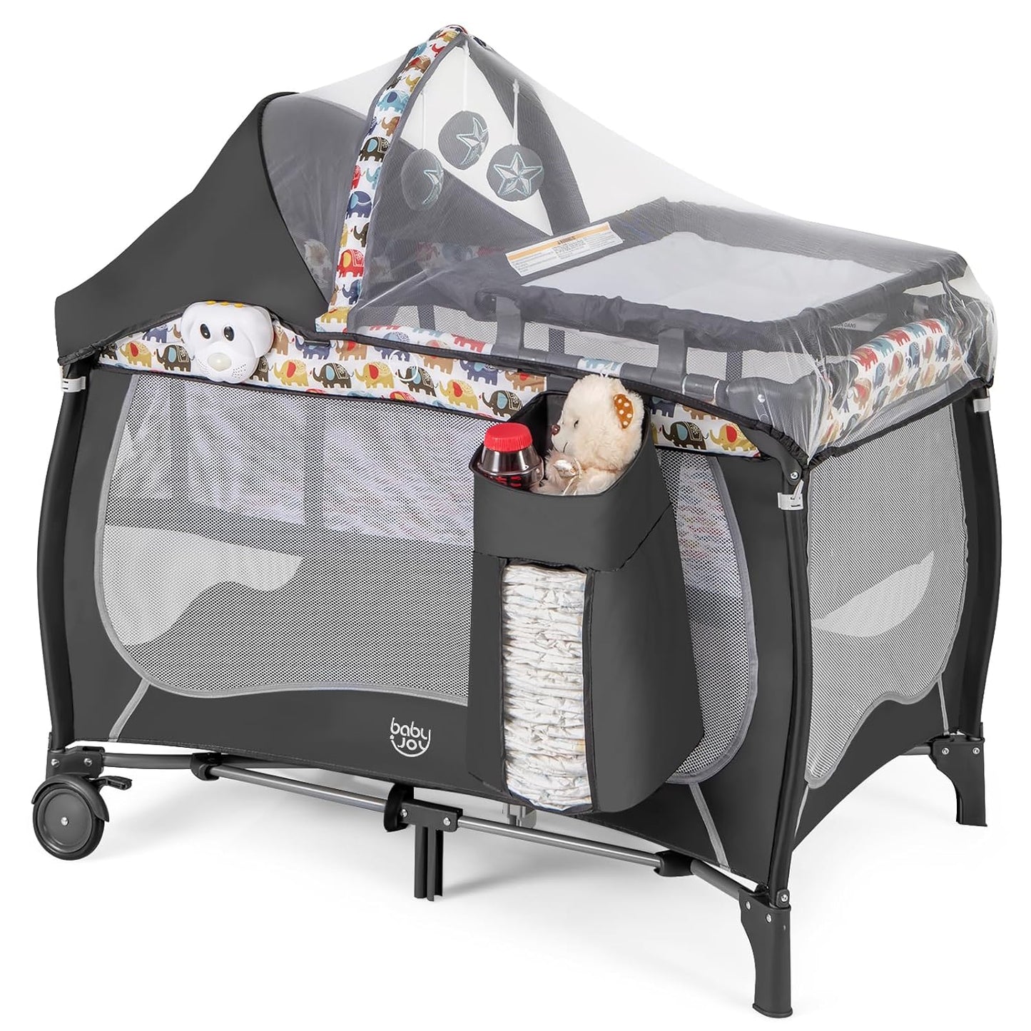BABY JOY 4 in 1 Pack and Play with Canopy, Portable Baby Playard with Bassinet, Double-Layer Baby Crib, Wheels & Brake, Foldable Baby Girl Pink Princess Bassinet from Newborn to Toddler