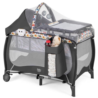 BABY JOY 4 in 1 Pack and Play with Canopy, Portable Baby Playard with Bassinet, Double-Layer Baby Crib, Wheels & Brake, Foldable Baby Girl Pink Princess Bassinet from Newborn to Toddler