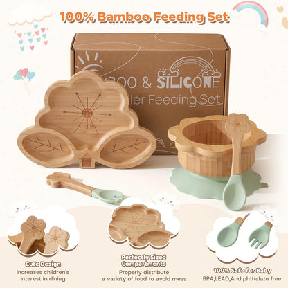 Bamboo Suction Plates Bowls Set for Baby Toddler - Includes Bamboo Bowl, Divided Plate, Silicone Fork & Spoon, All-Natural Baby Feeding Set for Baby-Led Weaning