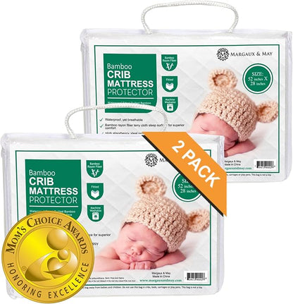Margaux & May Crib Mattress Protector, 2 Pack – 100% Waterproof Baby Crib Mattress Protector Pad, Highly Absorbent Quilted Cover, Oeko-TEX® Certified, Noiseless, Fitted 28" x 52" Standard Crib Fit