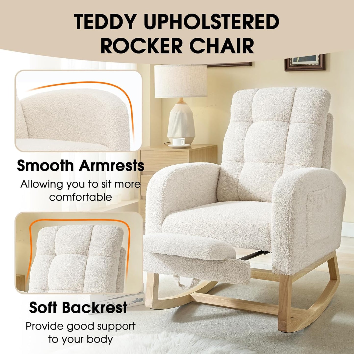 NIOIIKIT Modern Nursery Rocking Chair, Teddy Upholstered Rocking Chair with Footrest, Comfortable Rocker Recliner with Side Pocket, Rocker Glider for Living Room, Bedroom, Nursing Room (Apricot)