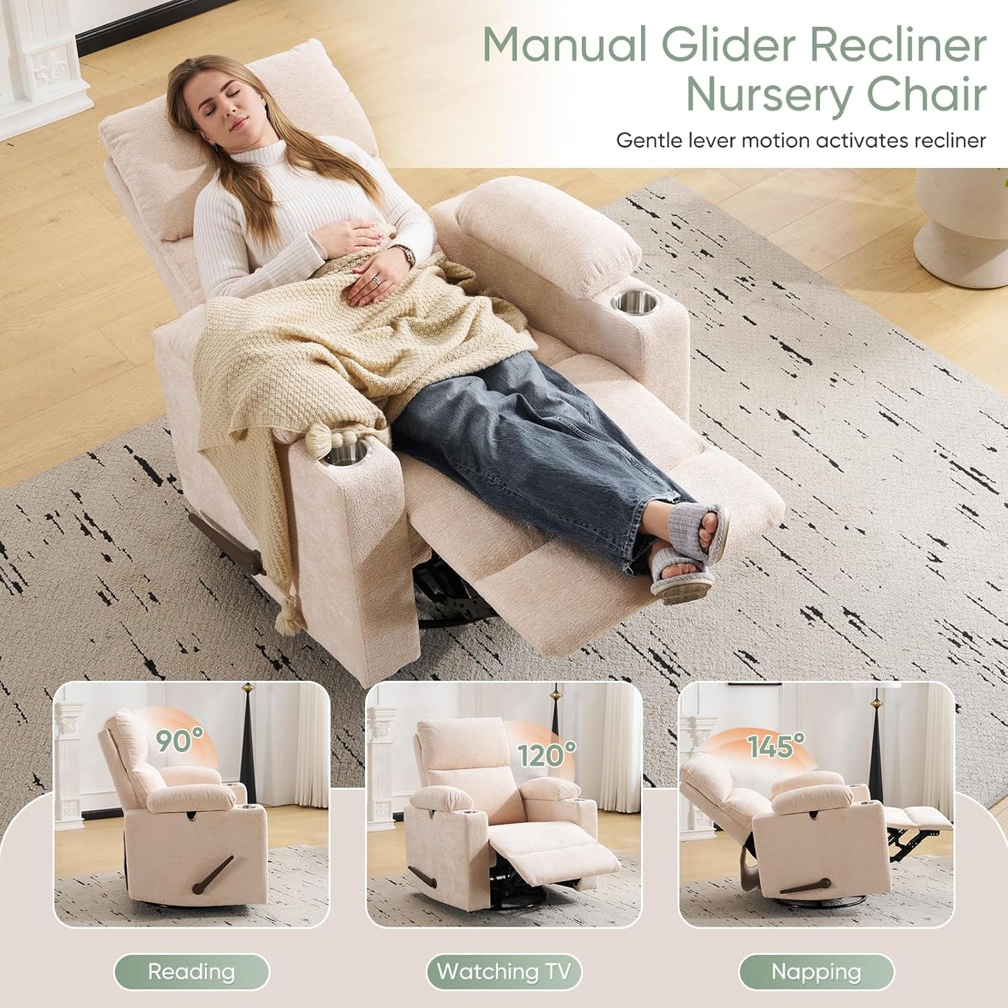 Rocking Chair Nursery with Adjustable Armrest for Breastfeeding, Glider Recliner Nursery Chair with Massage and Heat, Power Swivel Rocker Recliner with Adjustable Headrest, Corduroy, Beige