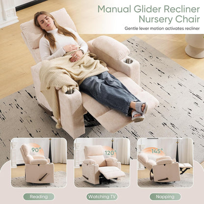 Rocking Chair Nursery with Adjustable Armrest for Breastfeeding, Glider Recliner Nursery Chair with Massage and Heat, Power Swivel Rocker Recliner with Adjustable Headrest, Corduroy, Beige