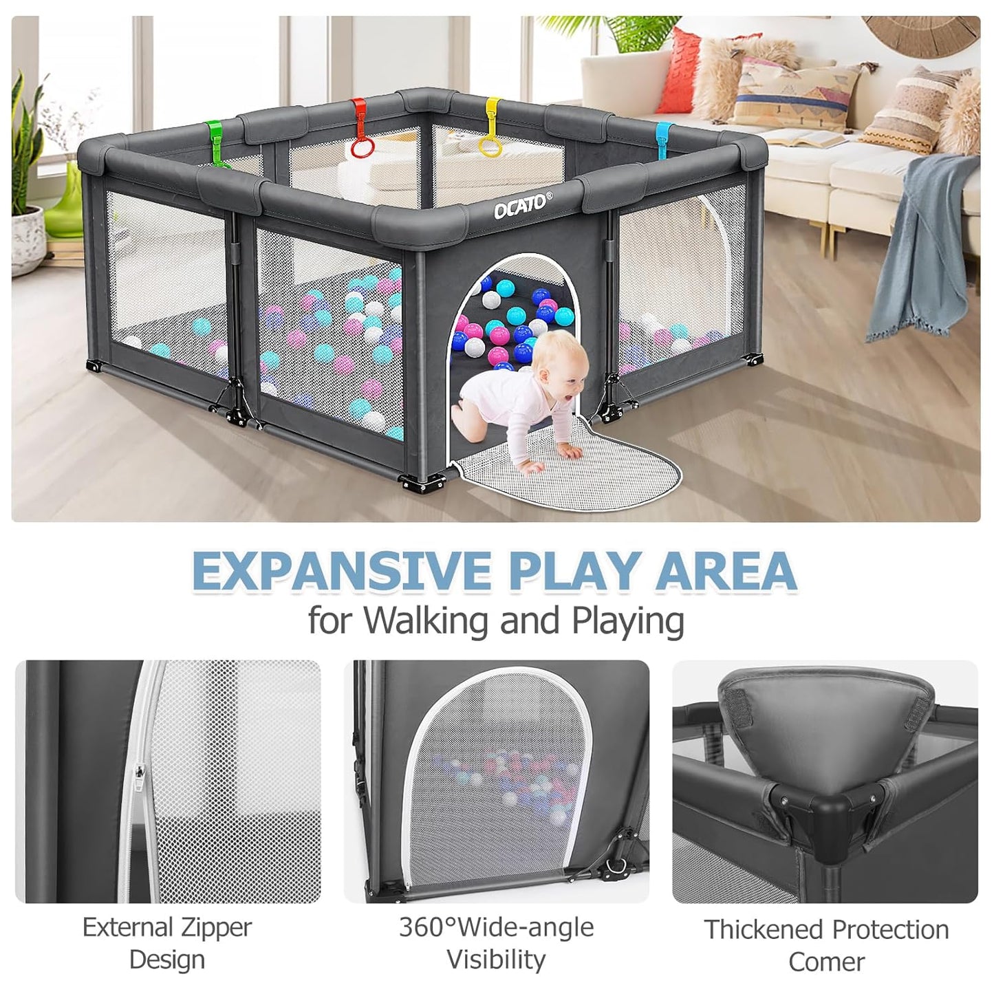 OCATO Baby Playpen Play Pen: Foldable Playpen for Babies and Toddlers Playard for Indoor Outdoor Activity Center Game Fence Safety Area Toddler Play Pen for Babies 6-12 Months Baby Gifts (50" × 50")