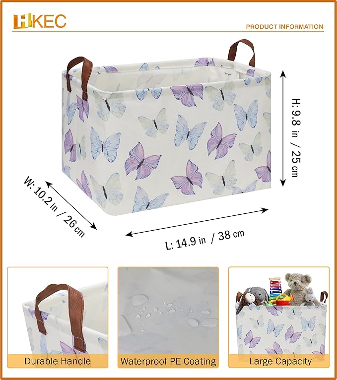 Rectangle Storage Basket with Handles, Collapsible Storage Bin, Books Box,Gift Basket(Blue & Purple Butterfly)