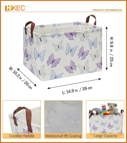 Rectangle Storage Basket with Handles, Collapsible Storage Bin, Books Box,Gift Basket(Blue & Purple Butterfly)