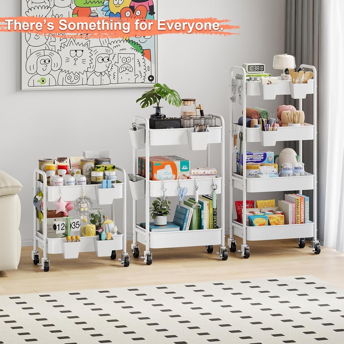 3 Tier Rolling Cart Metal with Lockable Wheels, Pink Three Tiered Diaper Caddy Cart Organizer on Wheels, Storage Utility Trolley Carts for Craft, Art, Nail, Lash, Baby Supplies, Cleaning, Mesh