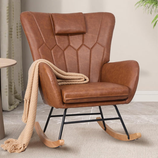 VECELO Rocking Chair Nursery with Thick Headrest, Modern Teddy Upholstered Reading Glider Rocker Accent Armchair with High Backrest, Padded Seat, Side Pocket, for LivingRoom, Bedroom, Baby Room, Pink