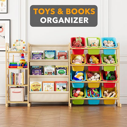 SpaceAid 3-in-1 Toy Storage Organizer with 4 Shelves and 12 Bins, Toy Organizers Storage 3-Tier Bookshelf, Kids Bin Shelf Box Bookcase for Bedroom Playroom Organization Room Decor, Multi-Colored