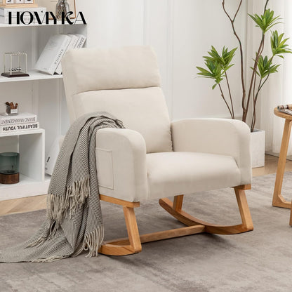 Rocking Chair Nursery, Upholstered Nursing Rocker Chair for Mom with High Backrest and Side Pockets for Bedroom Living Room, Beige