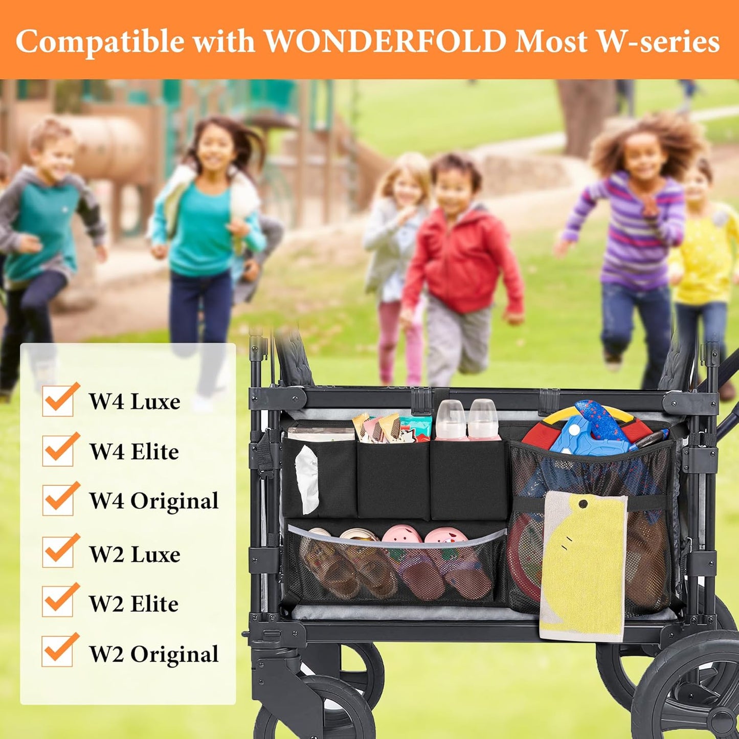 Stroller Wagon Cargo Net, Wagon Accessories Organizer Compatible with WONDERFOLD W-Series Models, Large Capacity Mesh Cargo Storage Bag with Sorting Pockets Compatible with Keenz Wagon, Black