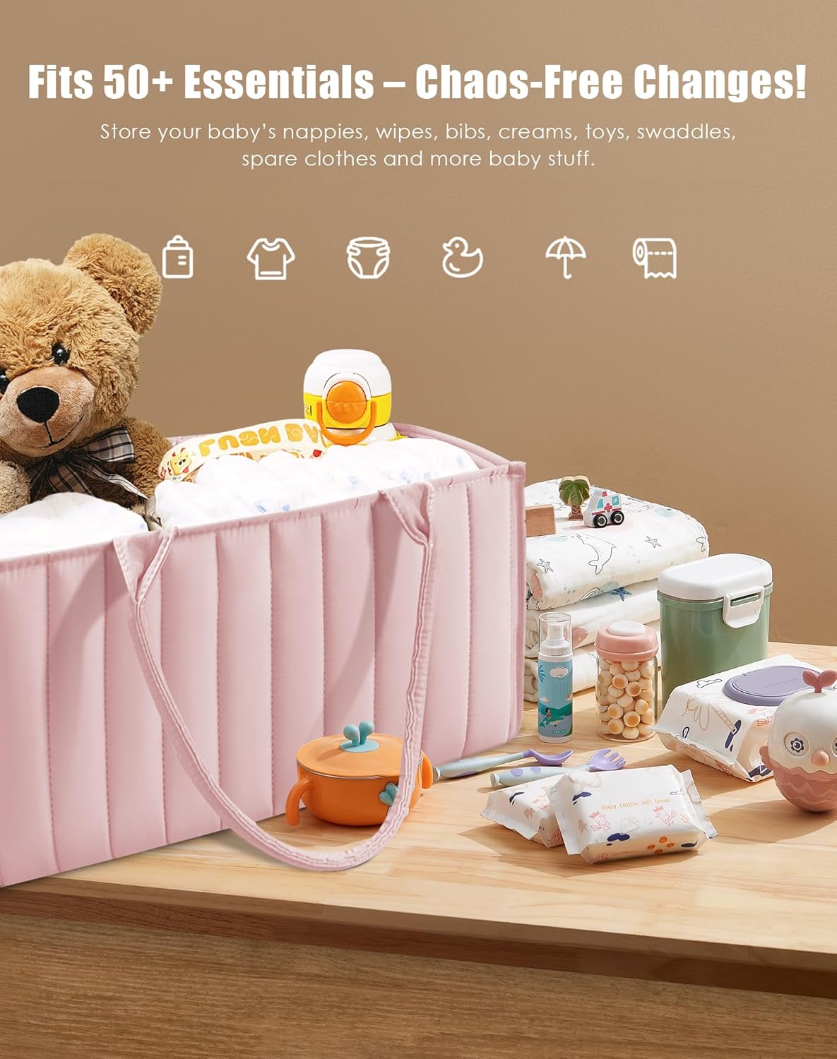 SWEET DOLPHIN 2-Pack Quilted Diaper Caddy Organizer – Premium Puffer Style Nursery Storage Bins – Water-Resistant & Wipeable Changing Table Organizer – Trendy Tote for Home & Car Travel - Mocha Brown