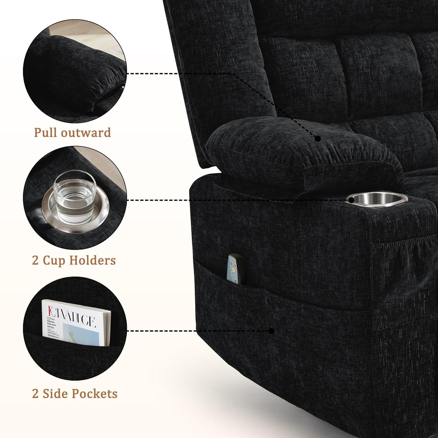 Korser 360° Swivel Rocker Recliner for Adults, Nursery Glider Recliner with Massage and Heating, Rocking Chair with Cup Holder, Manual Recliner Chair for Living Room, Bedroom (Fabric, Beige)
