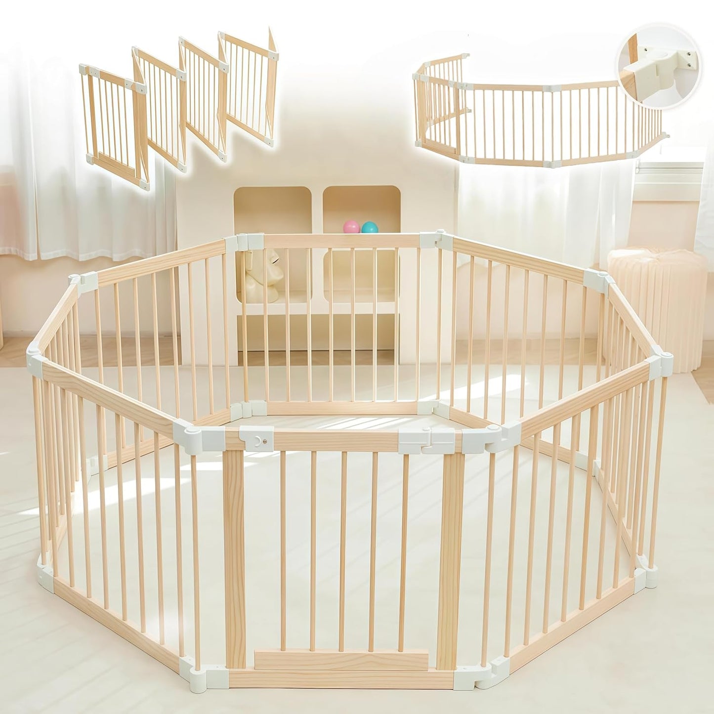 Baby Playpen, Foldable Wooden Play Yard with Gate, Playpen for Babies and Toddlers, Adjustable Baby Activity Center with Child Proof Lock, Fence Play Area for Toddlers 6 to 36 months(56*83*24inch)