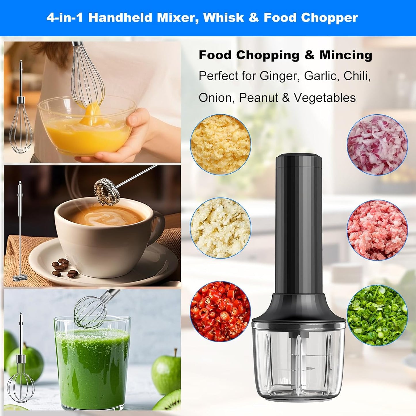 Hand Mixer with Whisk and Forther Wand,Electric Whisk, Milk Frother, Hand Held Mixers,Cordless Hand Mixer, Whisks for Cooking, Mini Mixer,Stirrers Electric,Food Chopper, Baby Food Maker,4-Speed, 10Oz