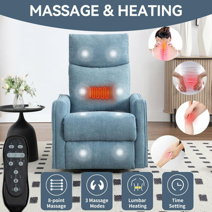 Massage Chair Recliner with Heat, Swivel Rocking Chair Recliner with High Back, Manual Nursery Recliners for Adults,Small Recliner Chair for Small Spaces, Living Room Bedroom, Fabric (Blue Green)