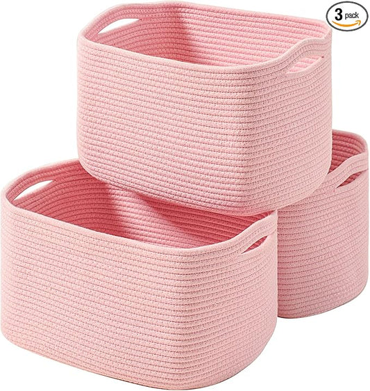 ICERZCZ Storage Baskets for Organizing Shelves, Pink Basket for Nursery, Woven Cotton Rope Baskets for Storage, Towel Basket for Bathroom, 15"x11"x9.5", 3 Packs, Light Pink