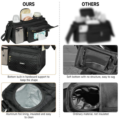 Universal Stroller Organizer with Insulated Cup Holders,Large Capacity Non-Slip Stroller Caddy Bag Fits for Uppababy/Doona/Jogger/Britax/Mompush/BoB with Anti-Sag Hard Bottom and Wet Wipes Pocket