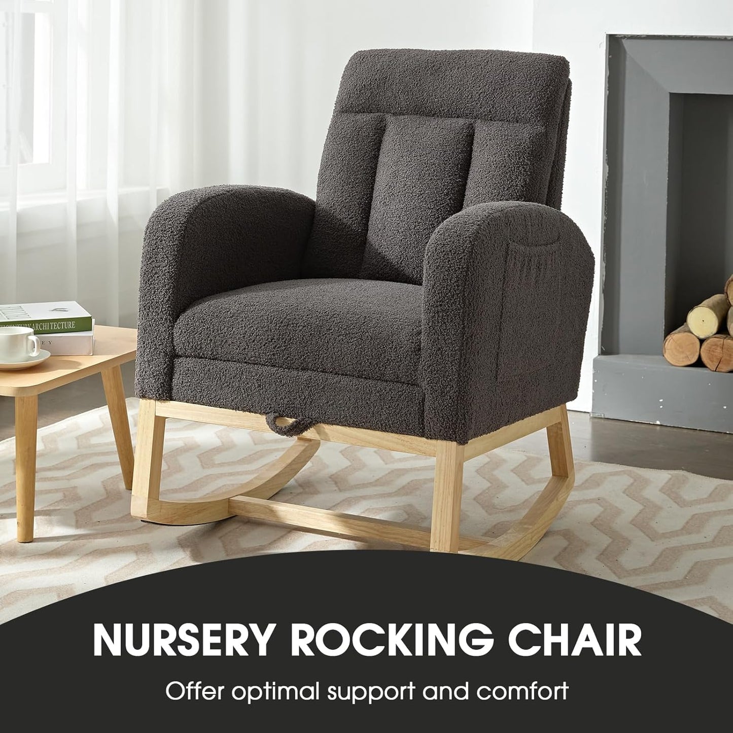 NIOIIKIT Modern Nursery Rocking Chair, Teddy Upholstered Rocking Chair with Footrest, Comfortable Rocker Recliner with Side Pocket, Rocker Glider for Living Room, Bedroom, Nursing Room (Apricot)