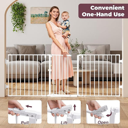 78" Extra Wide Baby Gate, Dog Gates Indoor for Doorways Stairs, Essential Safety Gate for Child, Hardware Mounted Adjustable Pet Gate with Anti-Trip Pedal, 28'' Tall 3 Metal Panels White