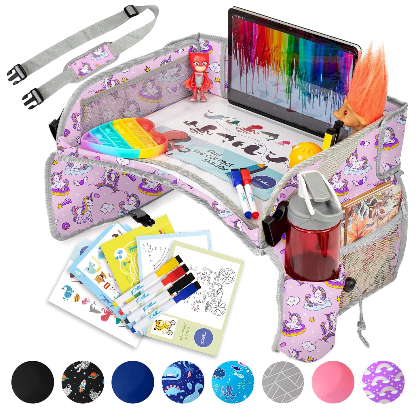 PILLANI Kids Travel Tray for Car Seat - Carseat Tray w/ iPad Holder & Dry Erase Board, Road Trip Activities - Toddler Lap Desk Organizer for Airplane - Roadtrip & Travel Essentials - Pack of 2, Pink