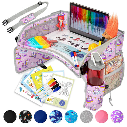 PILLANI Kids Travel Tray for Car Seat - Carseat Tray w/ iPad Holder & Dry Erase Board, Road Trip Activities - Toddler Lap Desk Organizer for Airplane - Roadtrip & Travel Essentials - Pack of 2, Pink
